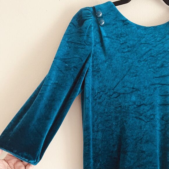 Jodi Michaels Vintage Dress M Back Buttons Puff Sleeves Velvet Turquoise Green - Picture 7 of 16